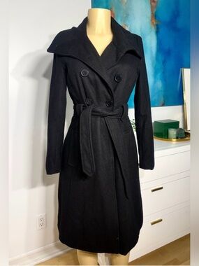 Converse One Star Black Belted Wool Blend Double Breasted Pea Coat Trench XS